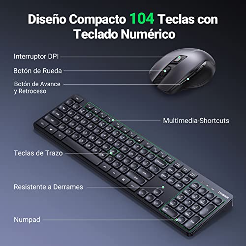 UGREEN Kit Teclado y Mouse Inalámbrico, Conexión Inalámbrica 2.4 GHz con Receptor USB Unifying, Mouse 5 Niveles dpi hasta 4000, Combo Teclado Compacto y Mouse Inalámbricos para Windows, macOS X10.8
